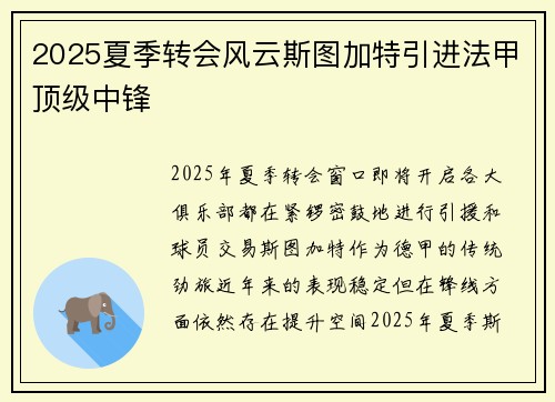 2025夏季转会风云斯图加特引进法甲顶级中锋