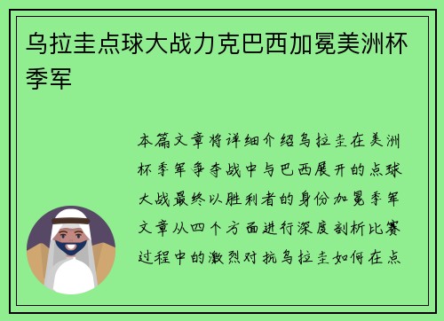 乌拉圭点球大战力克巴西加冕美洲杯季军